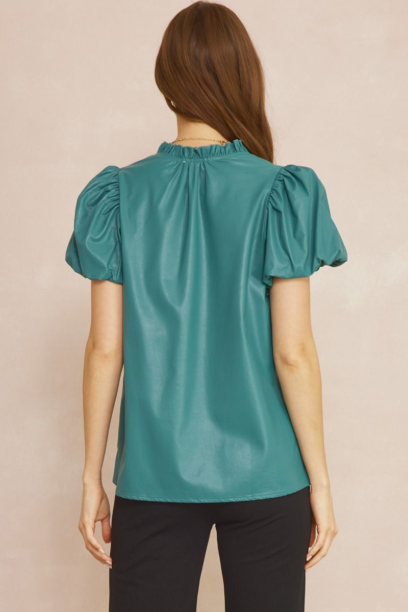 Faux Leather Short Sleeve V Neck Top w/ Ruffle Detail