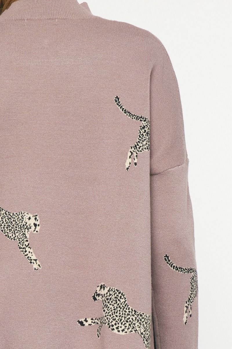 Cheetah Print Mock Neck Long Sleeve Sweater w/ Drop Shoulders