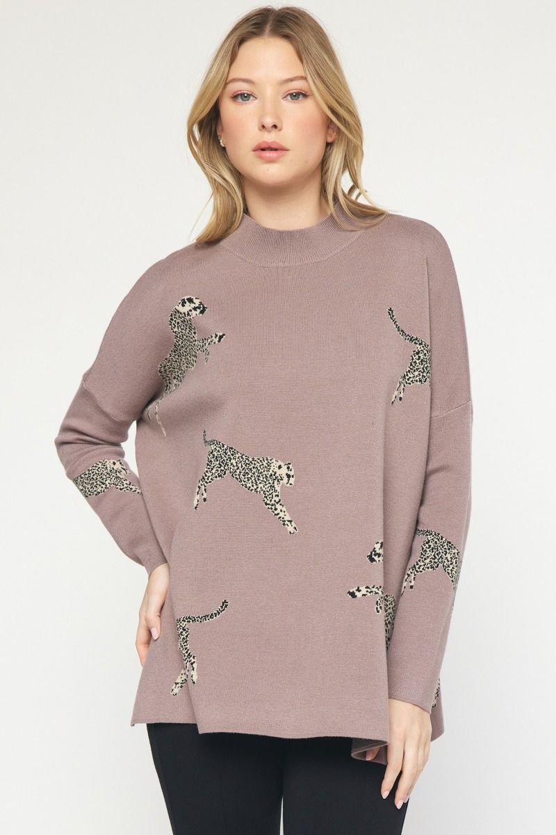 Cheetah Print Mock Neck Long Sleeve Sweater w/ Drop Shoulders