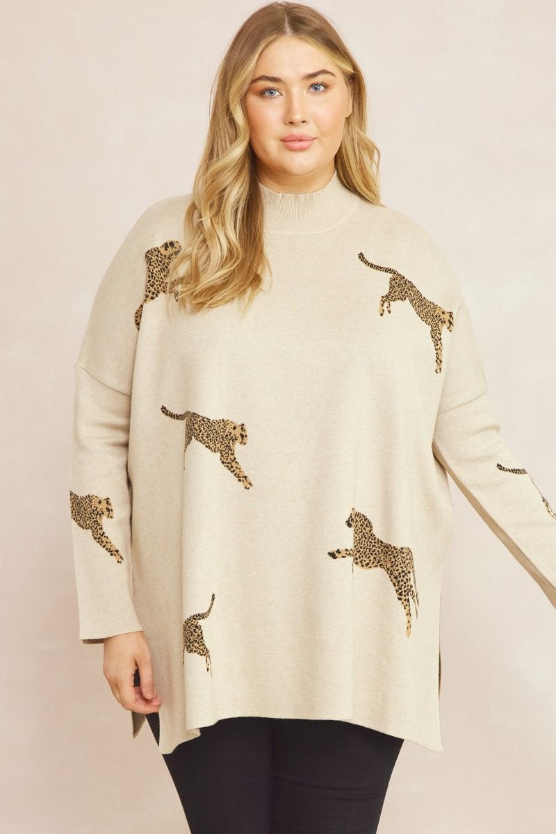 Cheetah Print Mock Neck Long Sleeve Sweater w/ Drop Shoulder