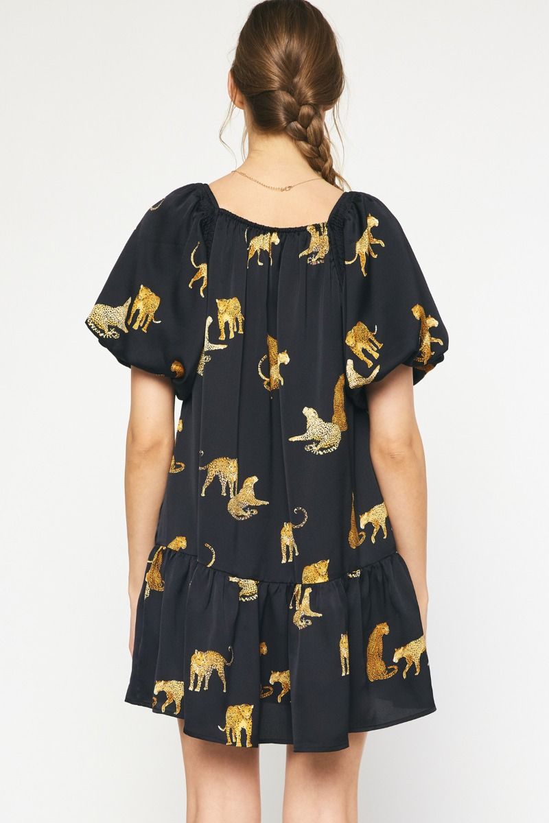 Leopard Print Square Neck Short Sleeve Mini Dress w/ Pockets