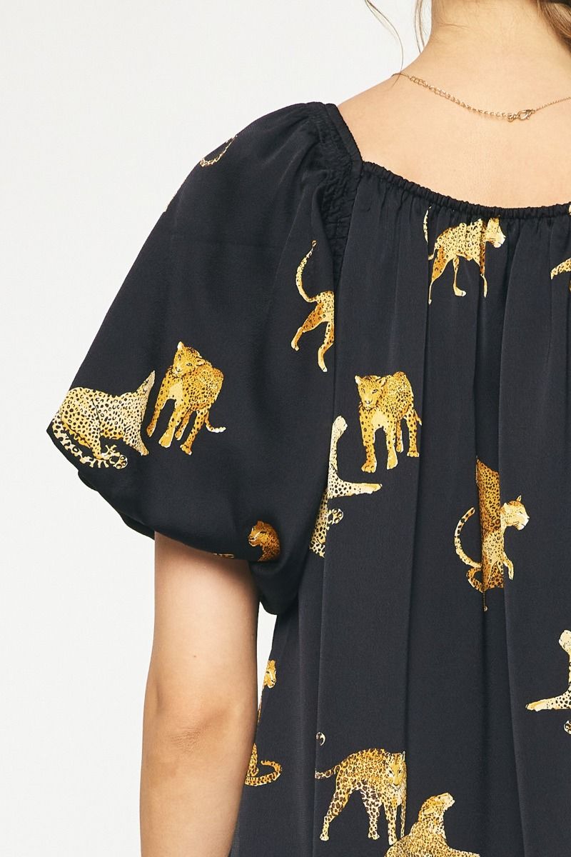 Leopard Print Square Neck Short Sleeve Mini Dress w/ Pockets