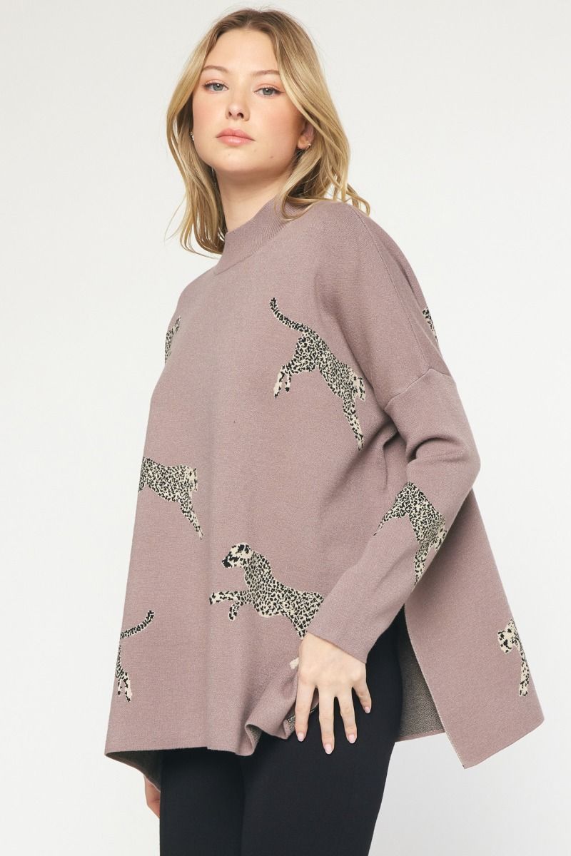Cheetah Print Mock Neck Long Sleeve Sweater w/ Drop Shoulders
