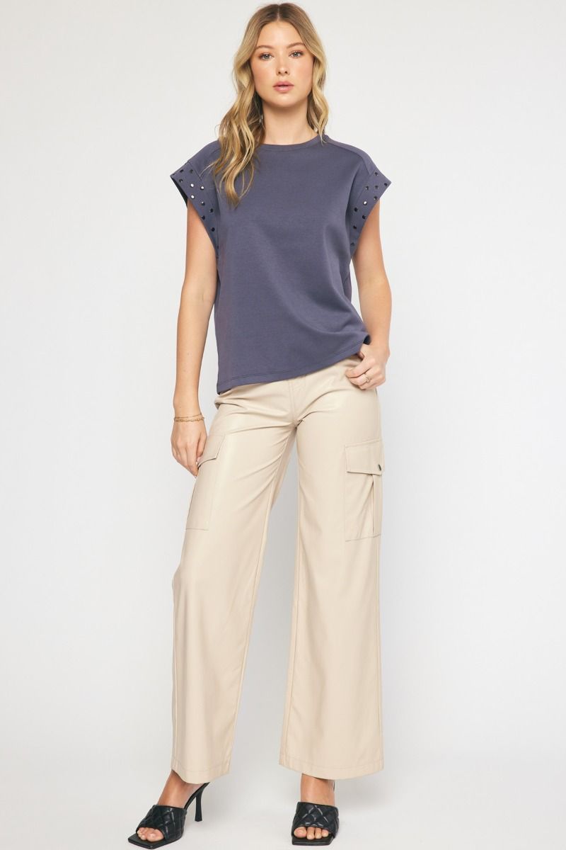 Solid Short Sleeve Top w/ Stud Details