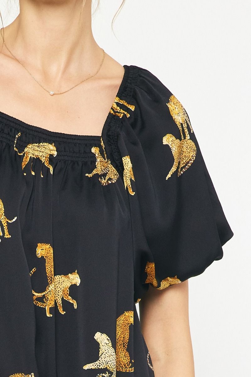Leopard Print Square Neck Short Sleeve Mini Dress w/ Pockets