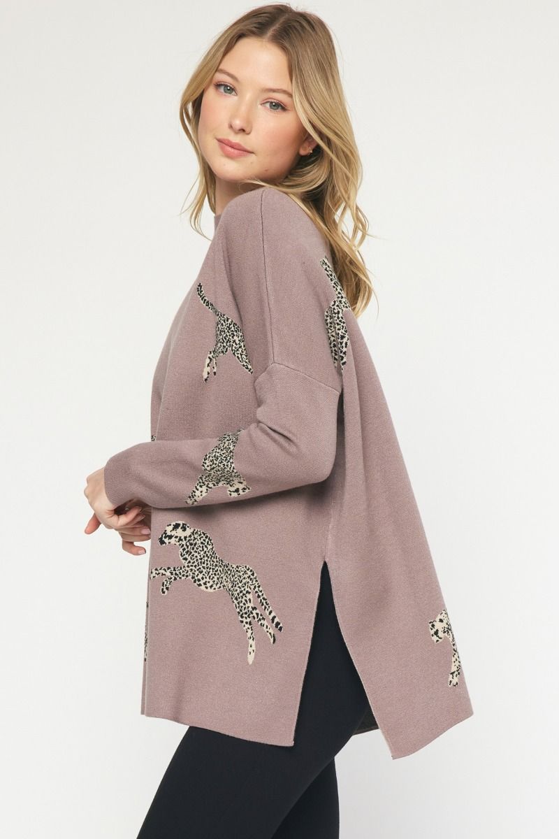 Cheetah Print Mock Neck Long Sleeve Sweater w/ Drop Shoulders