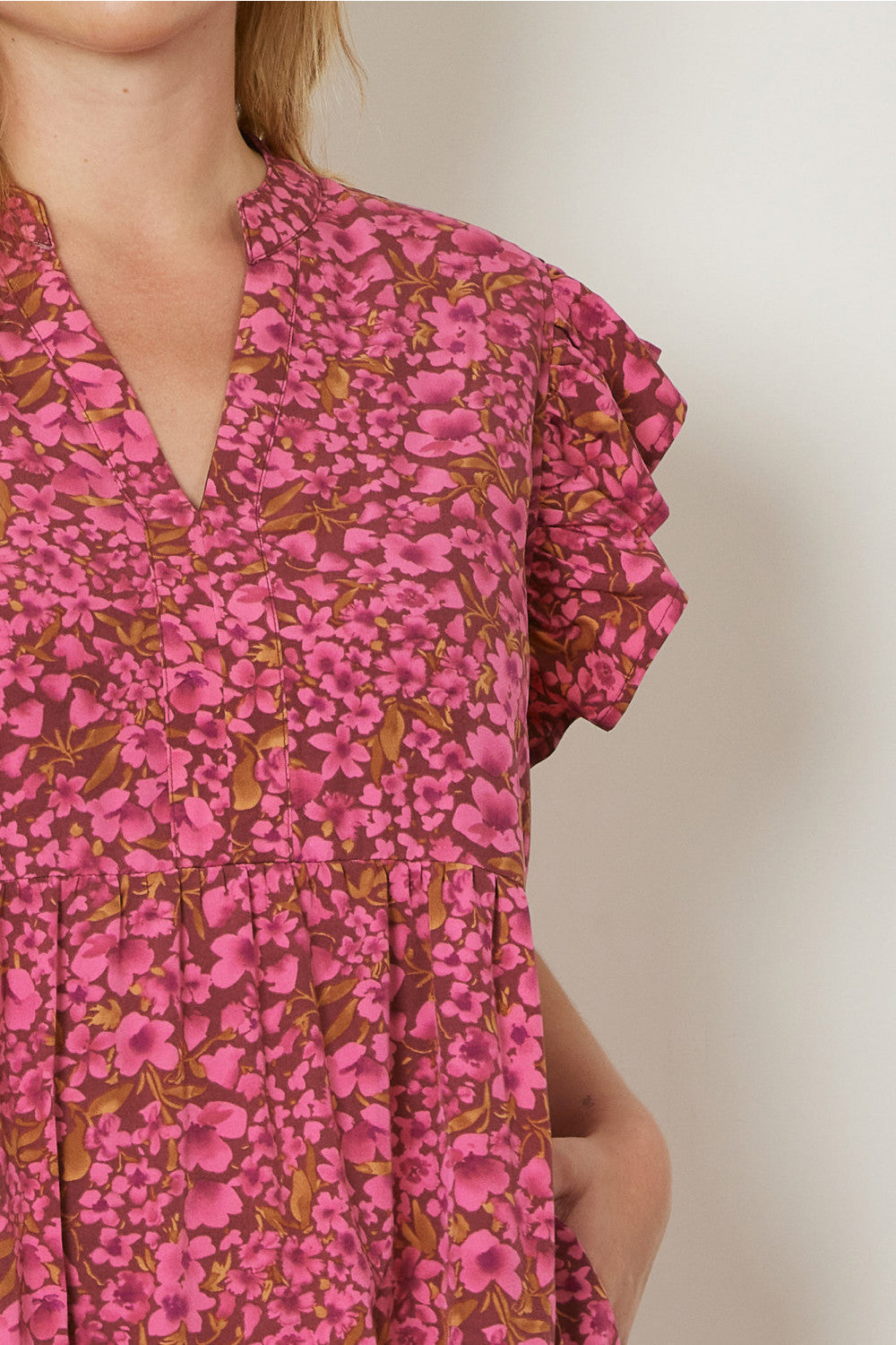 Floral Print V-Neck Ruffle Sleeve Tiered Midi Dress