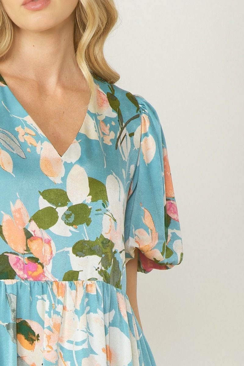 Satin Floral Print V Neck Puff Sleeve Tiered Mini Dress