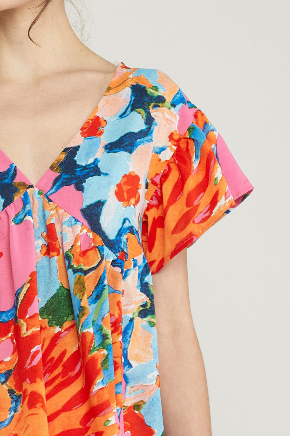 Printed v-neck short sleeve babydoll top