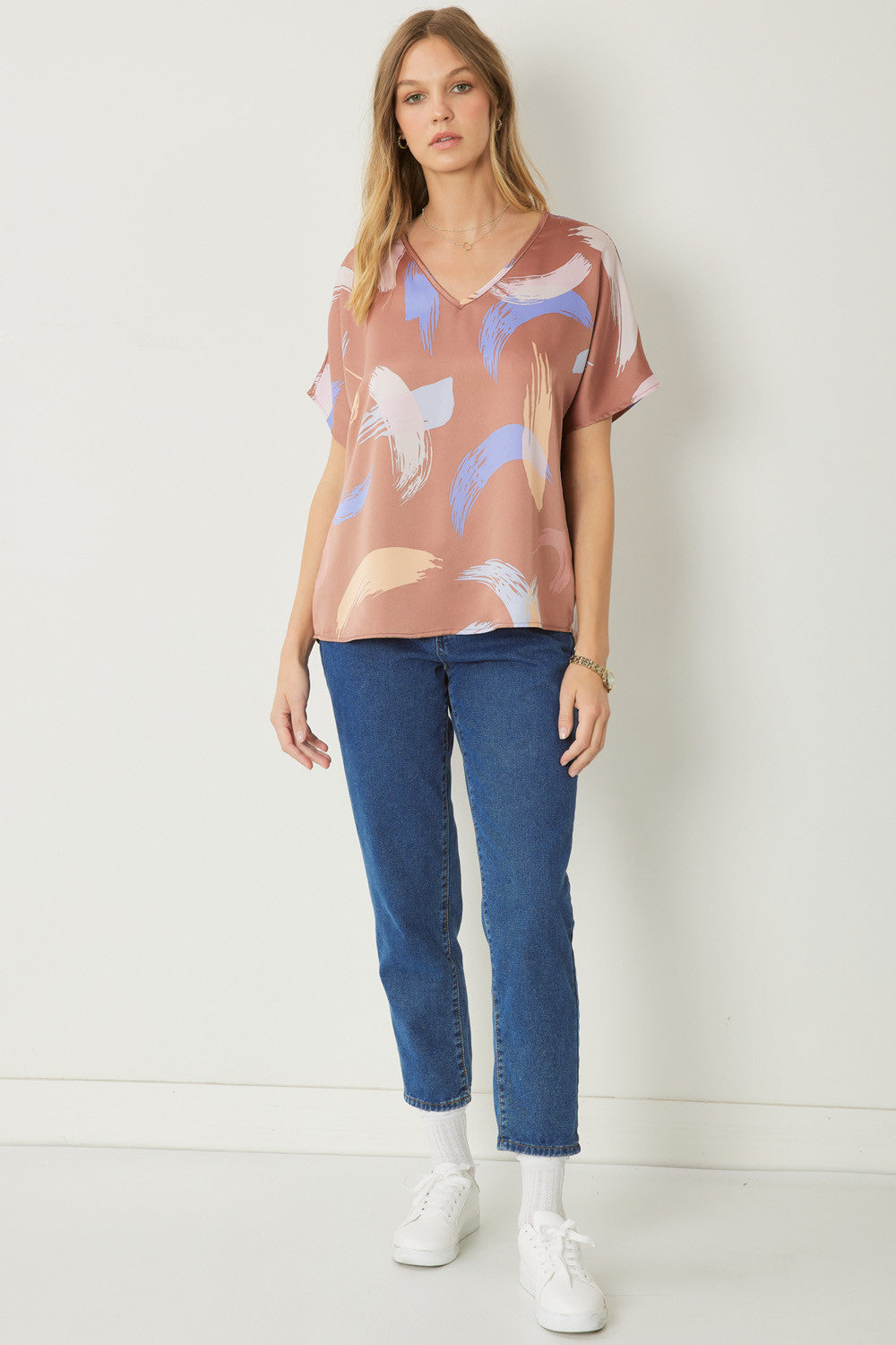 Print v-neck Short Sleeve Top w/ Drop Sholders