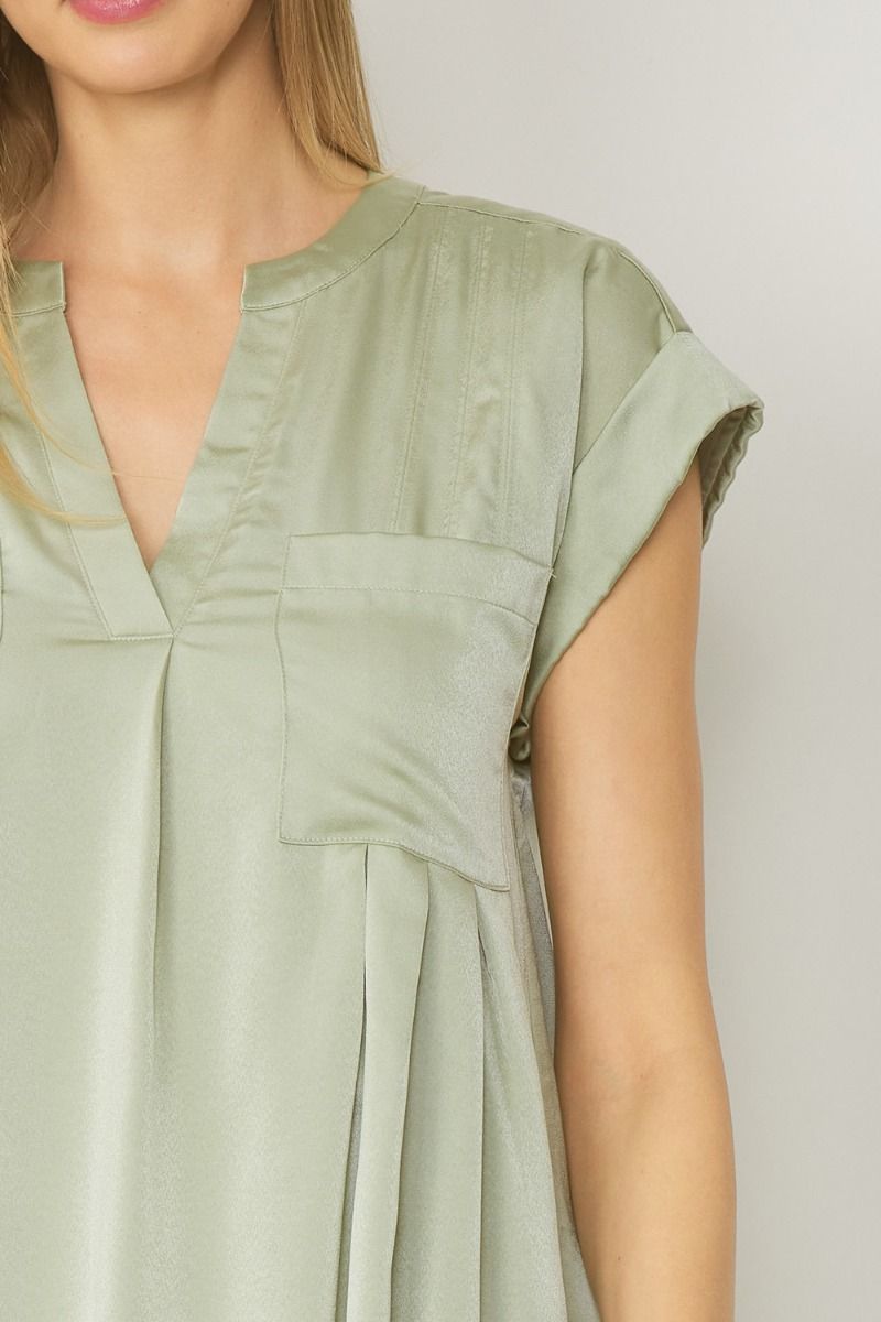 V Neck Short Sleeve Mini Dress w/ Pockets and Rolled Sleeves