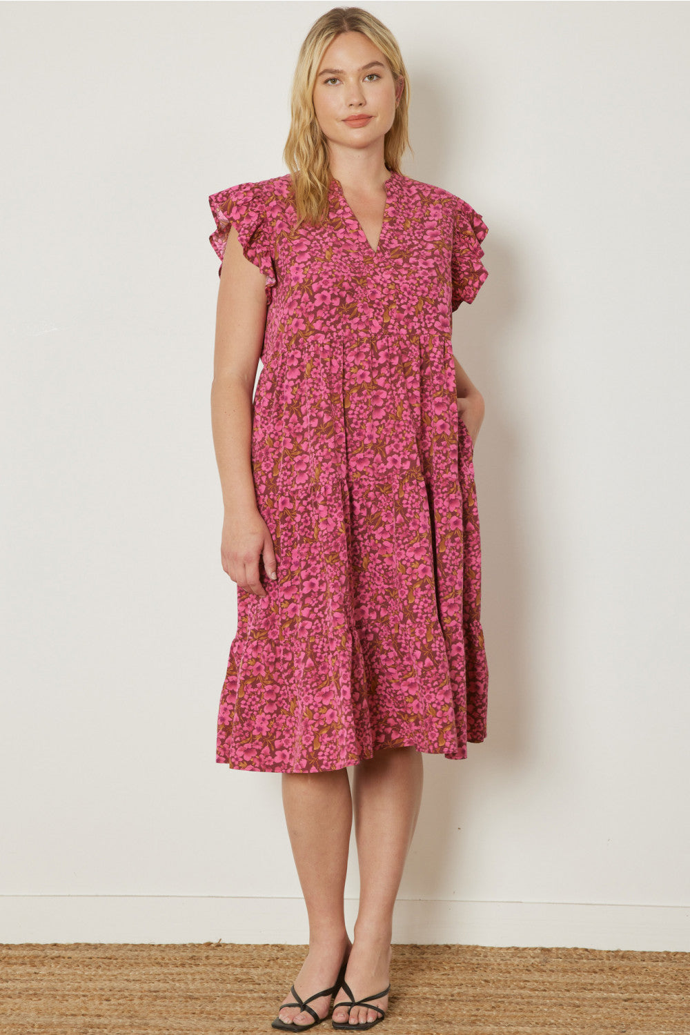 Floral Print V-Neck Ruffle Sleeve Tiered Midi Dress