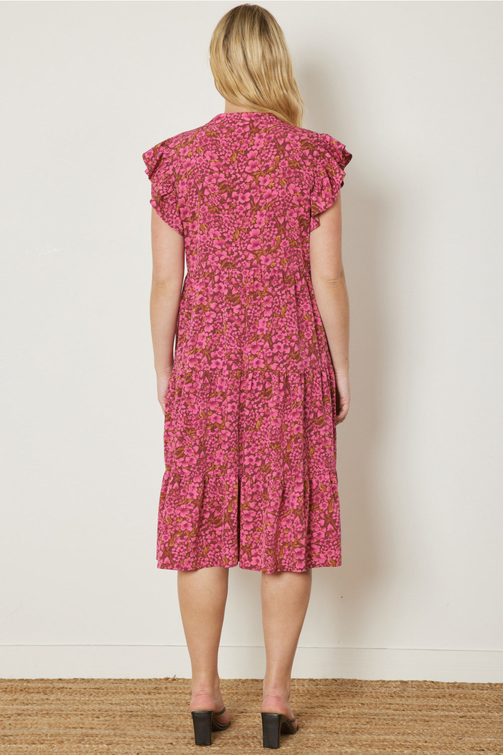 Floral Print V-Neck Ruffle Sleeve Tiered Midi Dress
