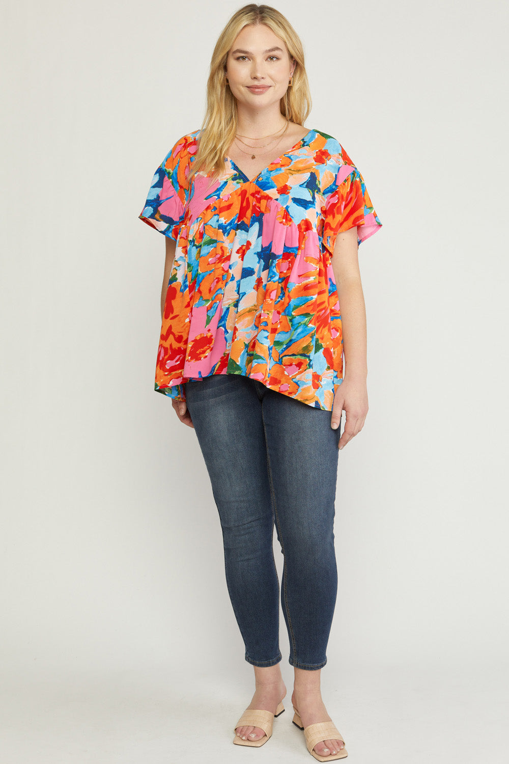 Printed v-neck short sleeve babydoll top