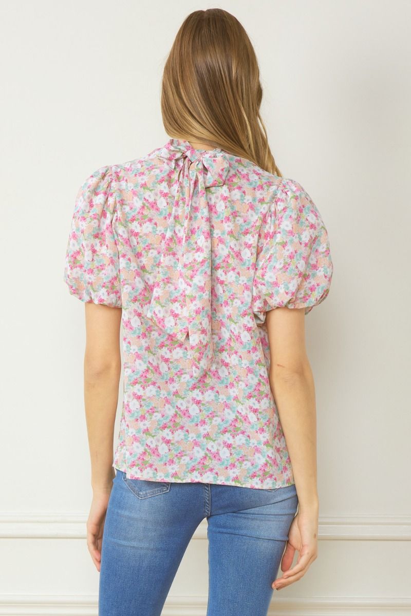 Floral High Neck Bubble Sleeve Top w/ Tie