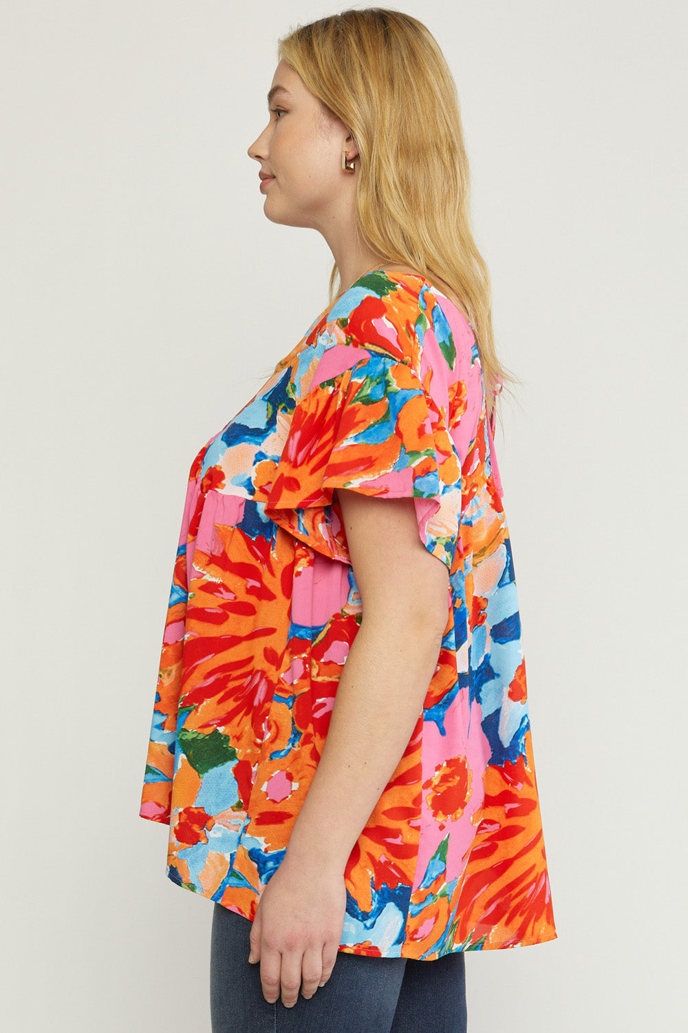 Printed v-neck short sleeve babydoll top