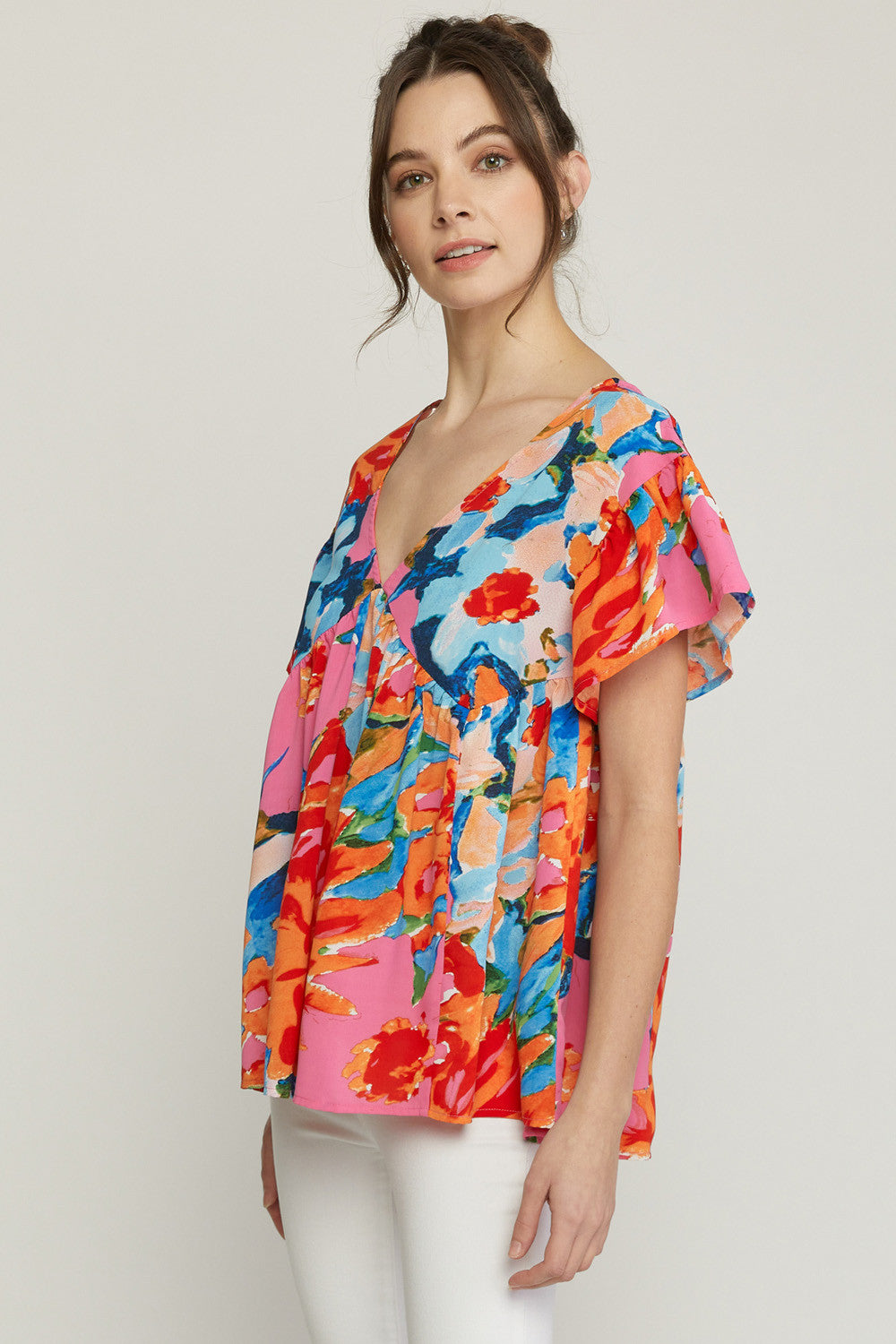 Printed v-neck short sleeve babydoll top