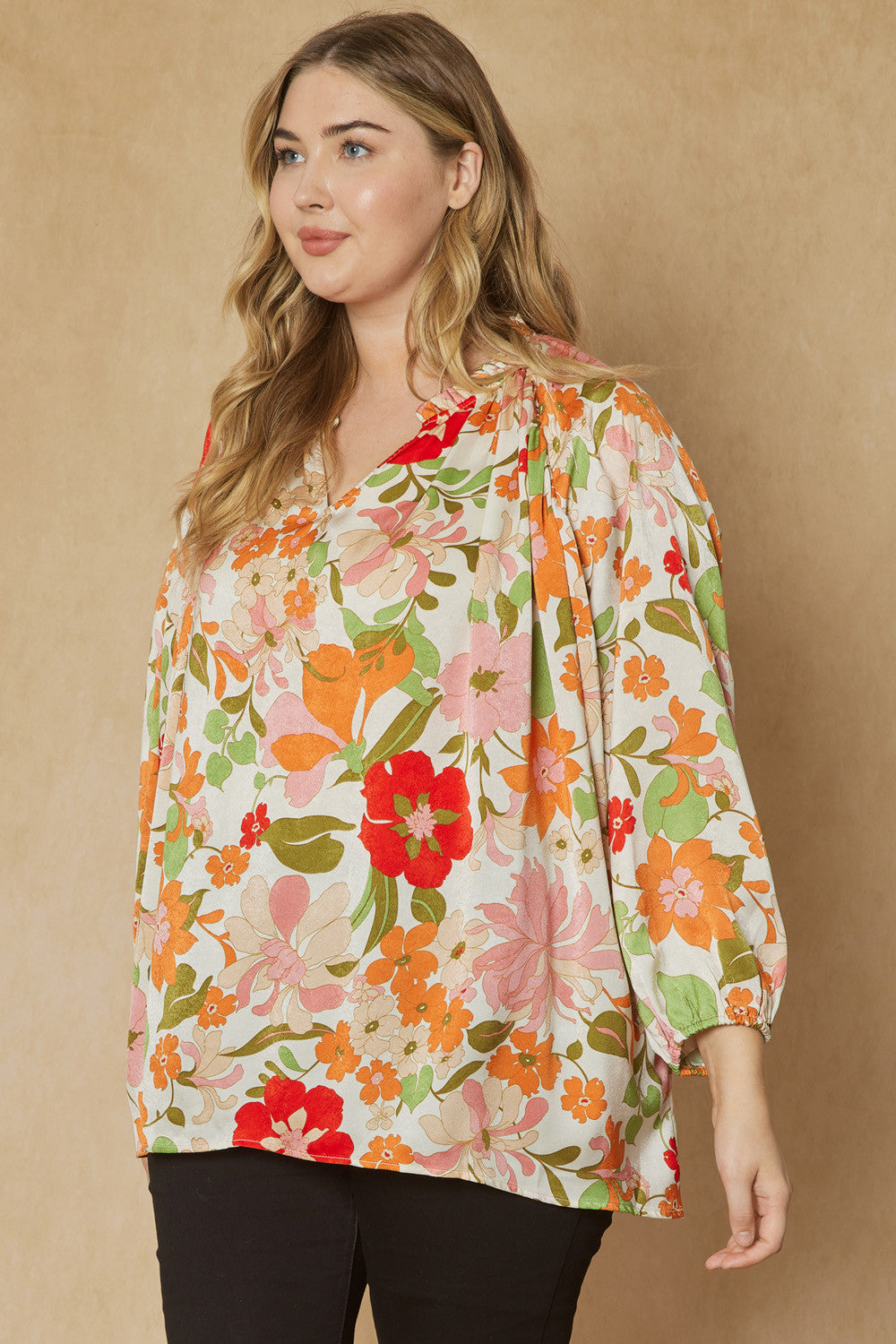 Floral Print V-Neck Long Sleeve Top