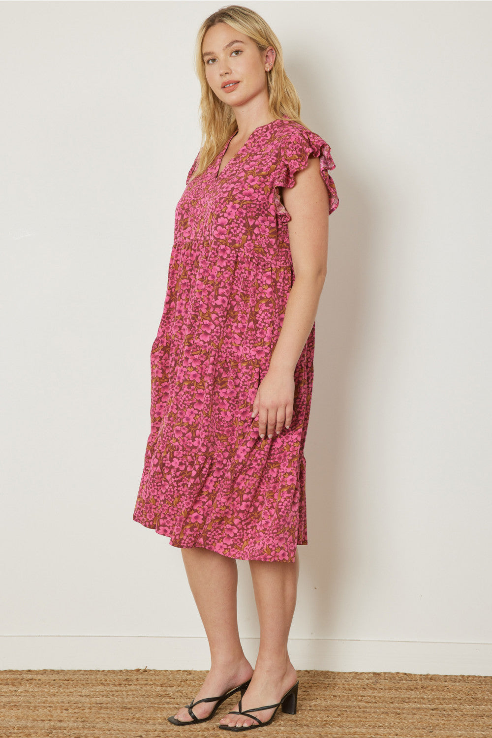 Floral Print V-Neck Ruffle Sleeve Tiered Midi Dress