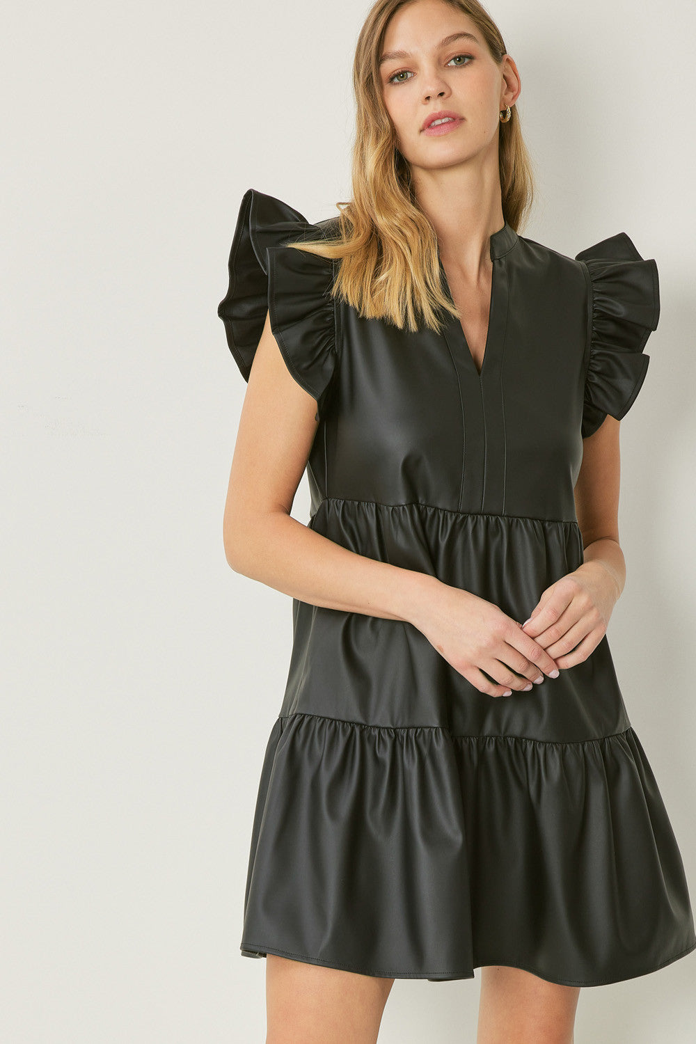 Faux Leather Tiered Mini Dress w/ ruffle Sleeves and Pockets