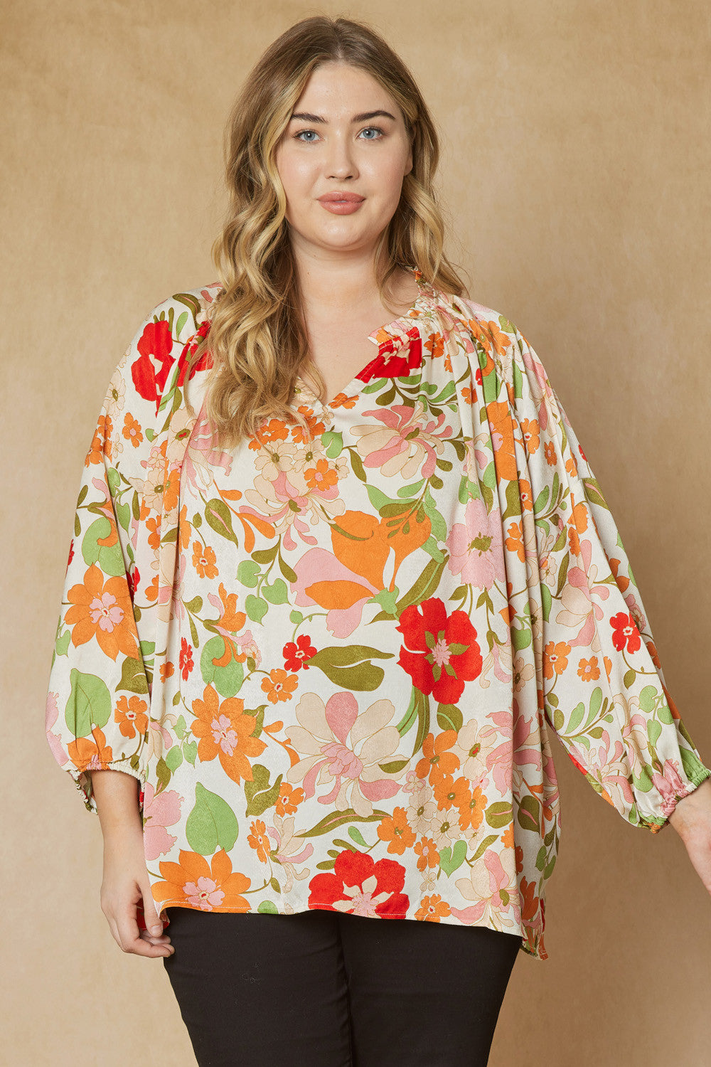Floral Print V-Neck Long Sleeve Top