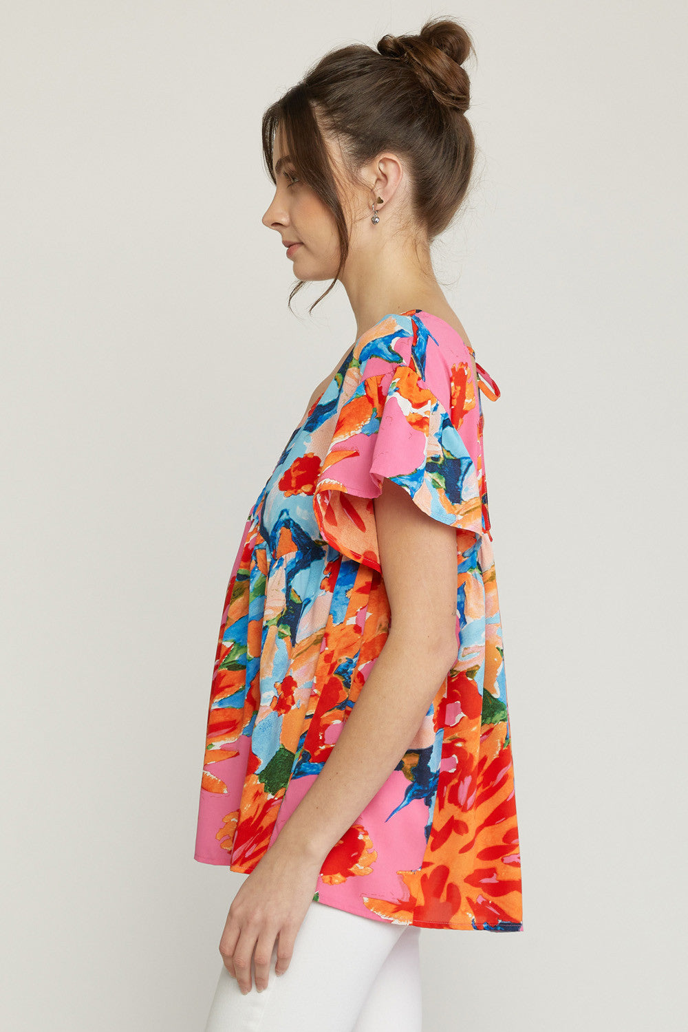 Printed v-neck short sleeve babydoll top