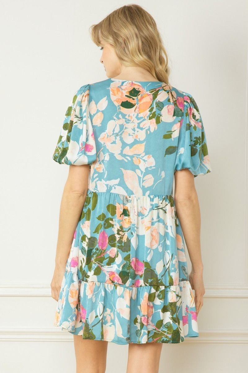 Satin Floral Print V Neck Puff Sleeve Tiered Mini Dress