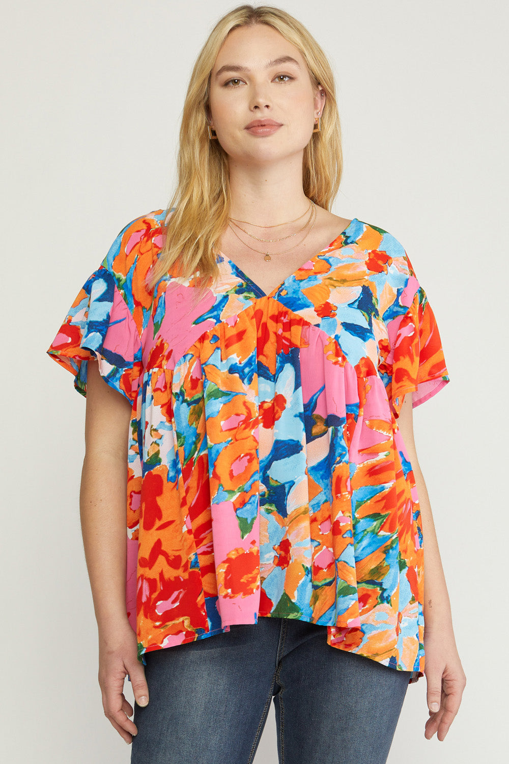Printed v-neck short sleeve babydoll top