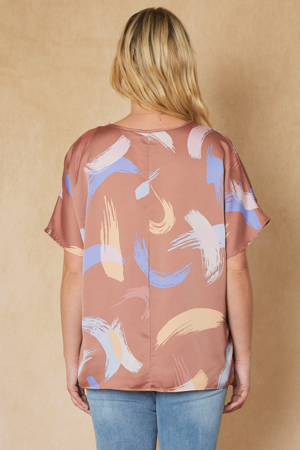 Print v-neck Short Sleeve Top w/ Drop Sholders