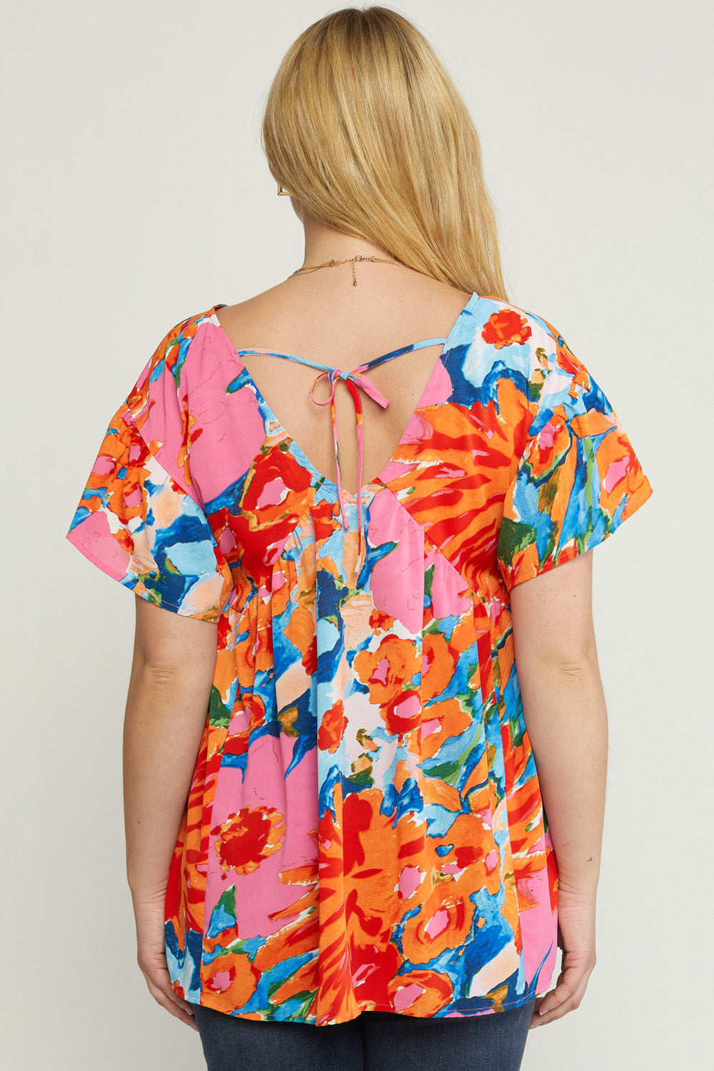 Printed v-neck short sleeve babydoll top