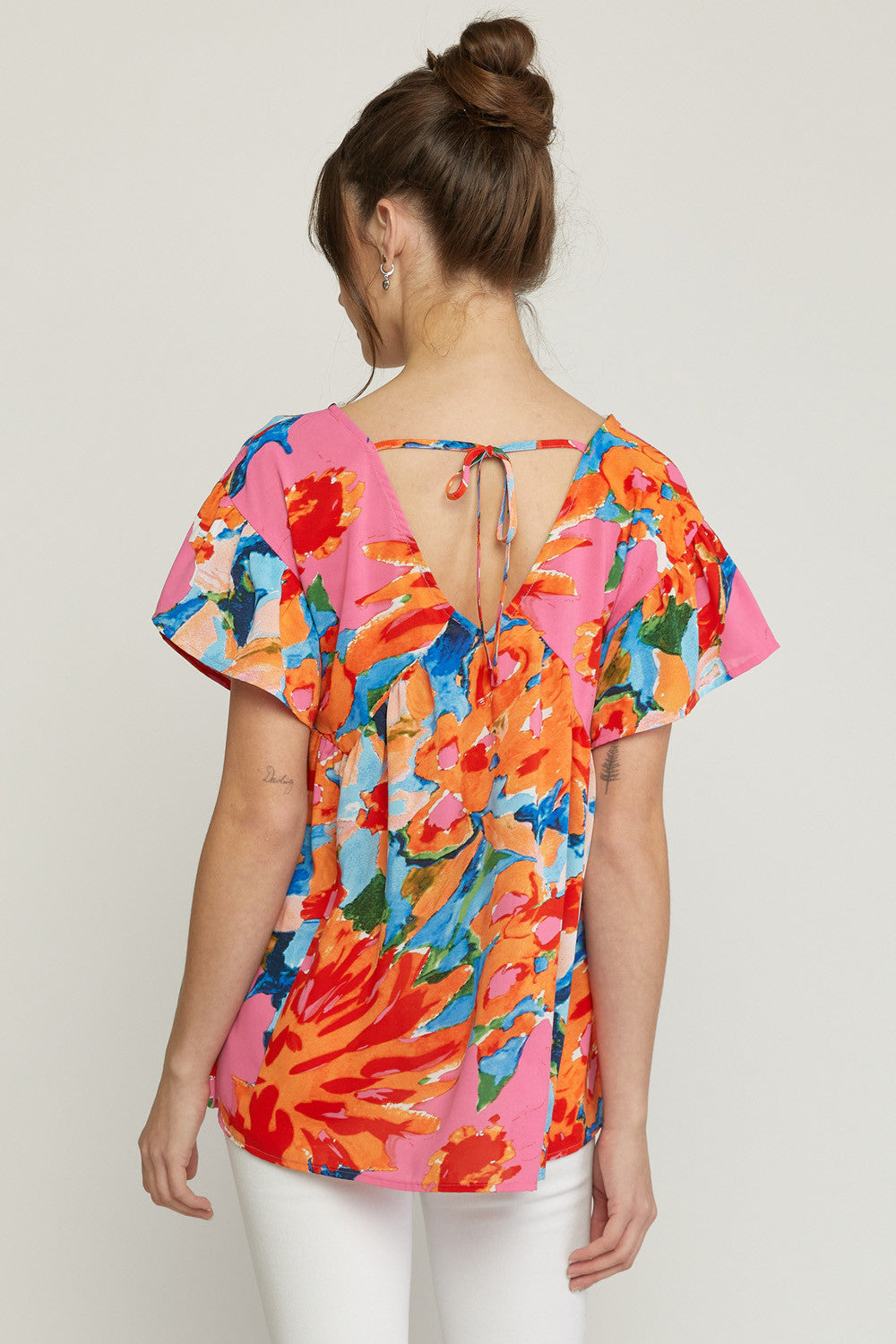 Printed v-neck short sleeve babydoll top