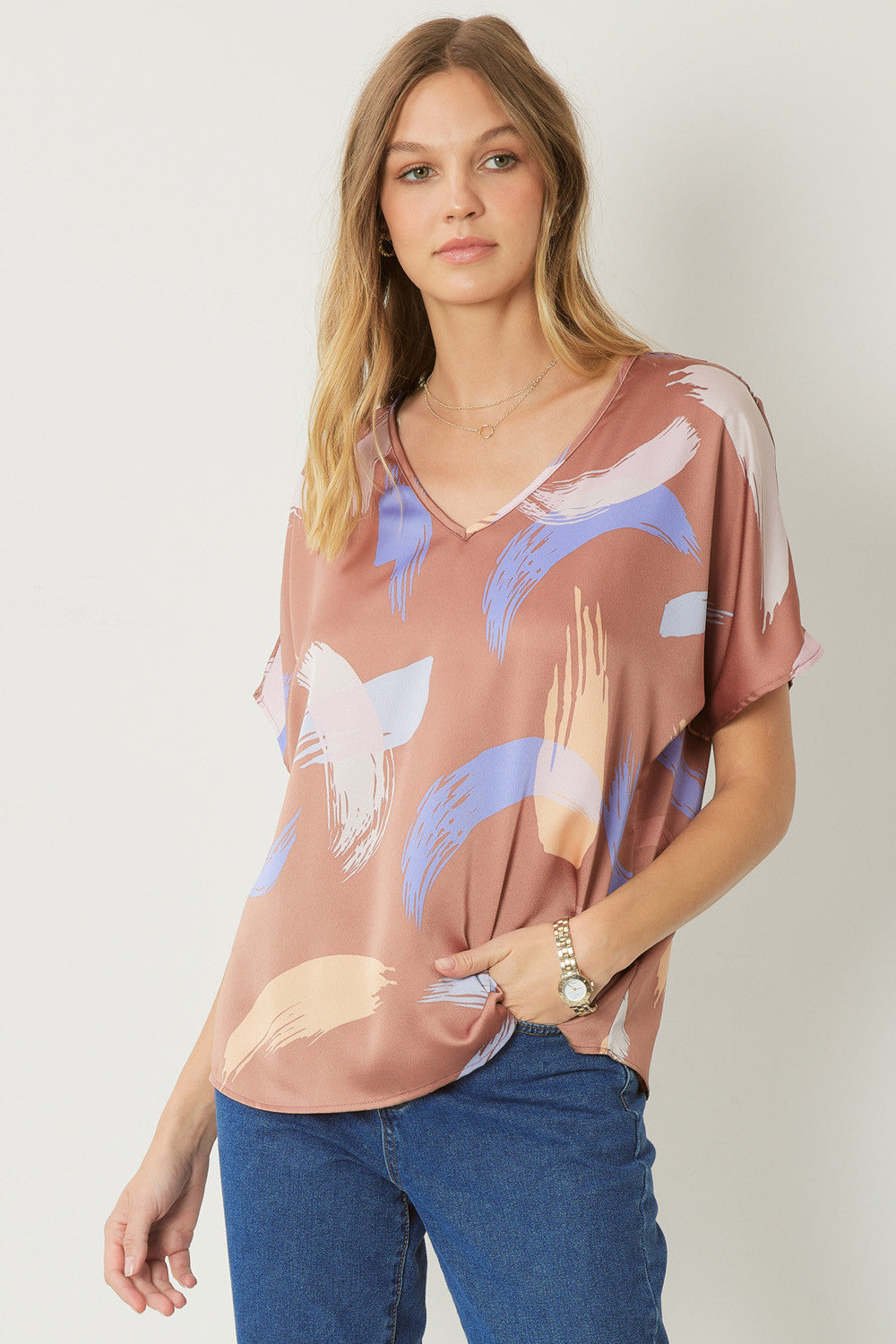 Print v-neck Short Sleeve Top w/ Drop Sholders