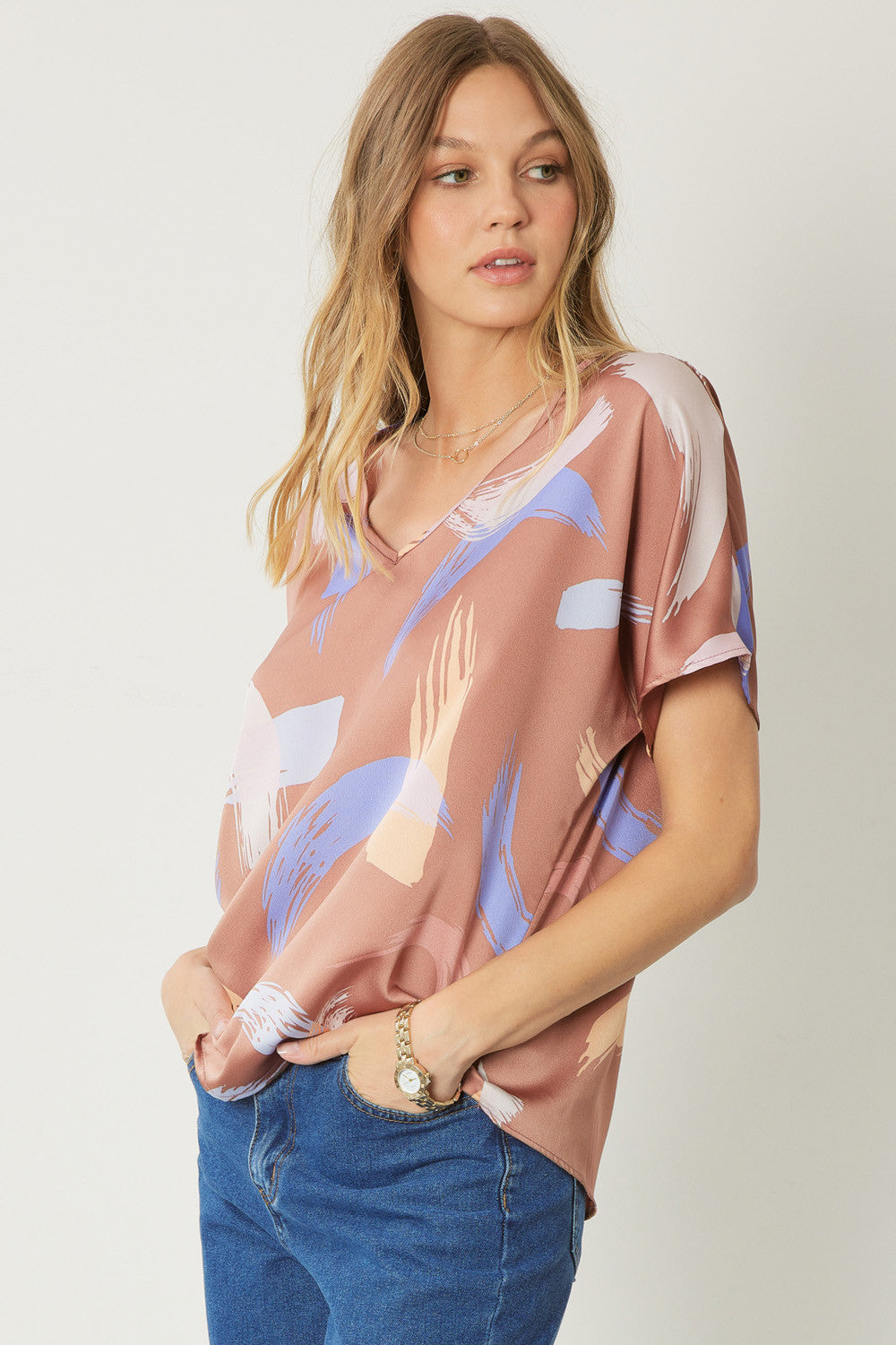 Print v-neck Short Sleeve Top w/ Drop Sholders