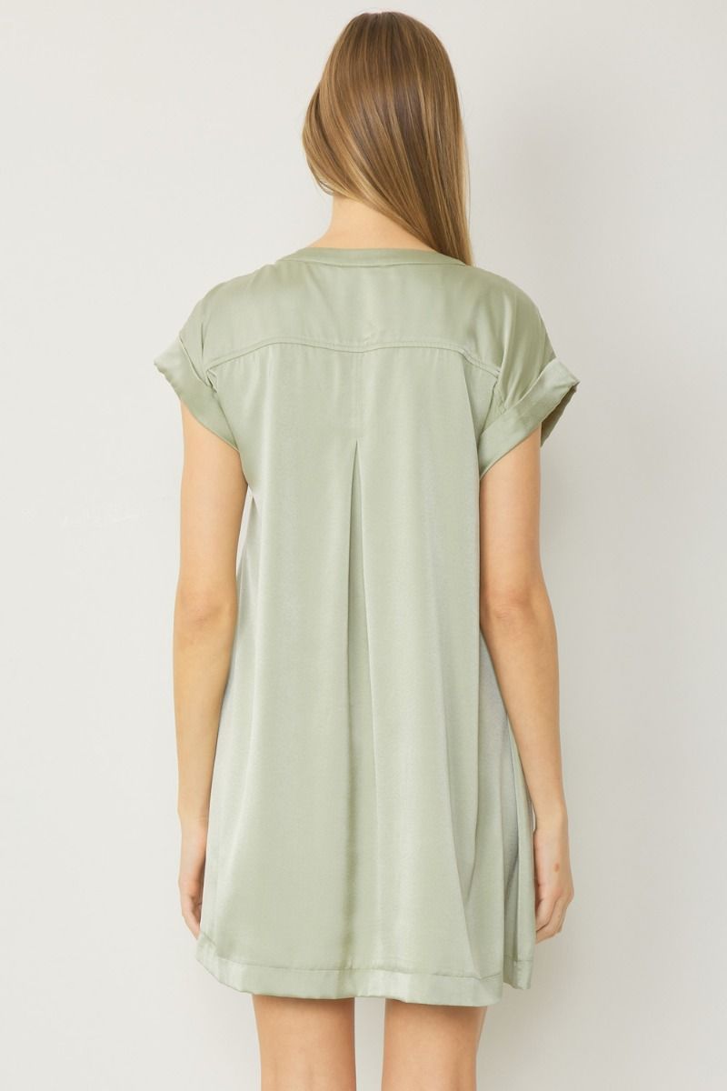V Neck Short Sleeve Mini Dress w/ Pockets and Rolled Sleeves